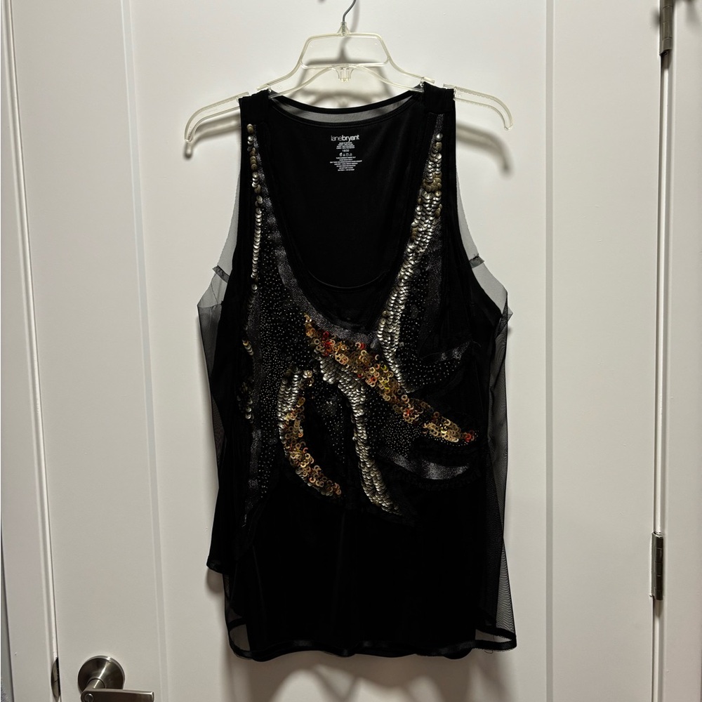 Lane Bryant Black Sequin Mesh Tank with Gold Accents